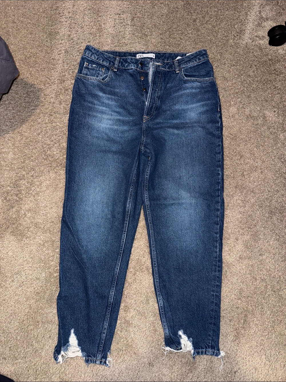 Zara Dark Blue Boyfriend Jeans with Frayed Hem